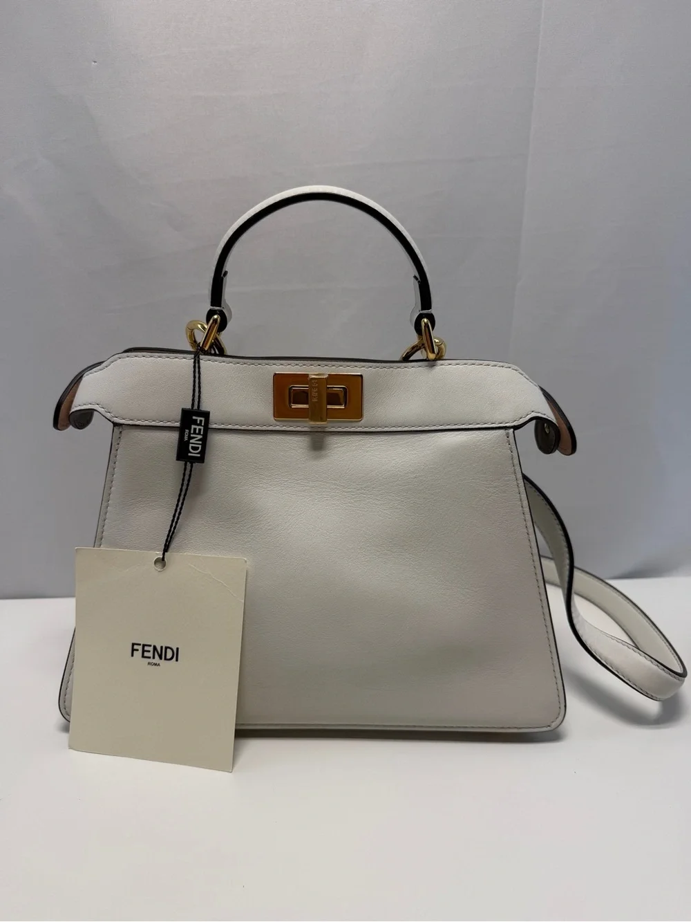 Fendi White Leather Top-Handle Satchel with Gold Hardware